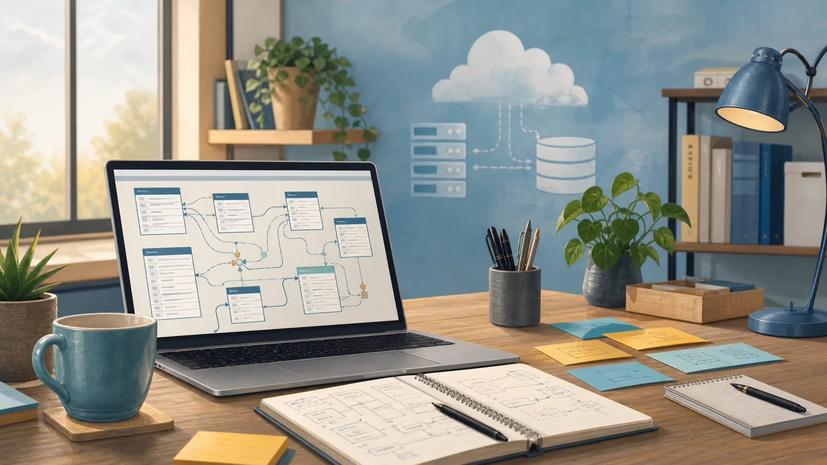 Warm workspace with database diagrams and FileMaker consulting notes